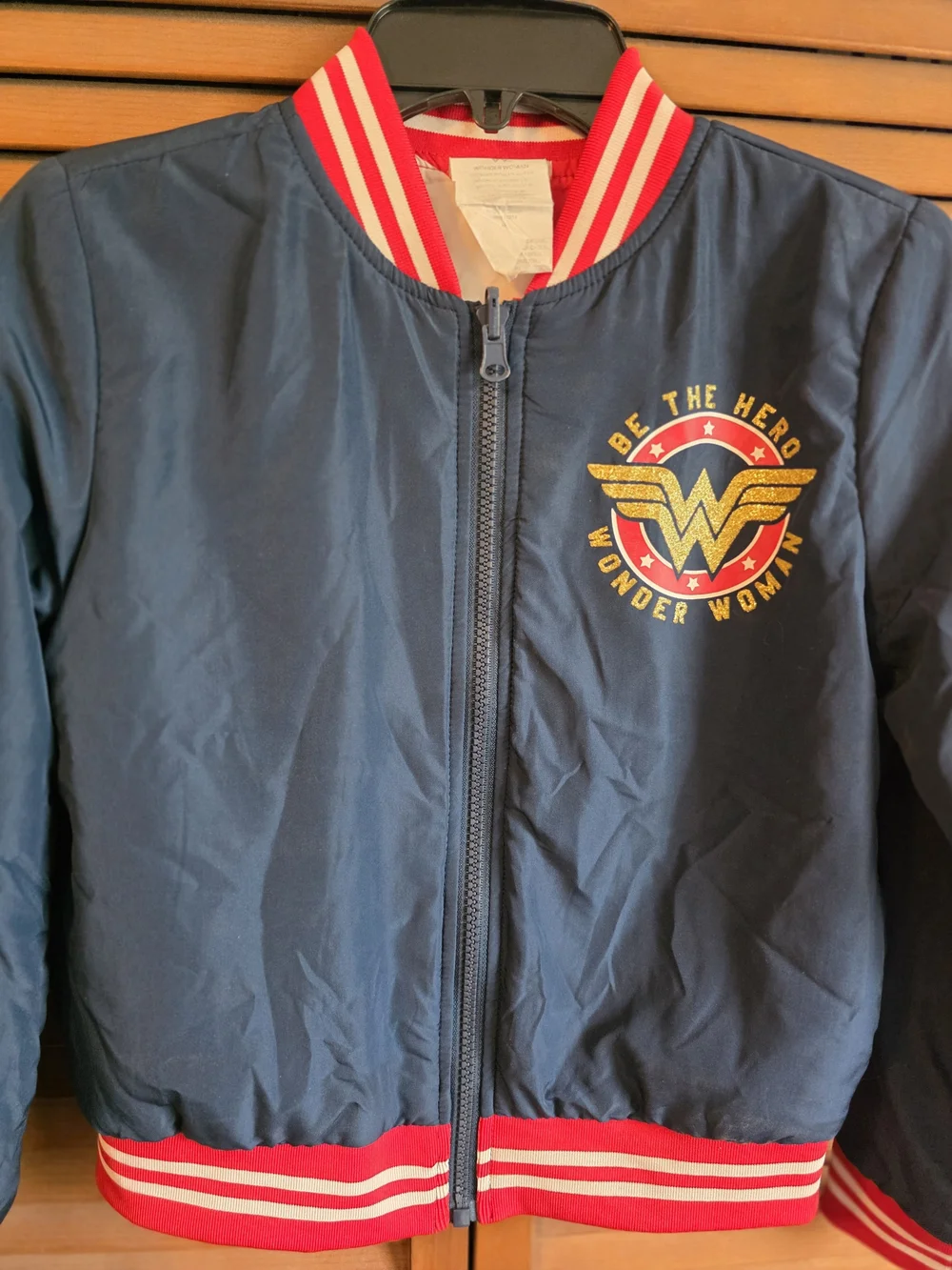 DC Comics Girls Wonder Woman Reversible Bomber Jacket Size M 7-8 Navy Red